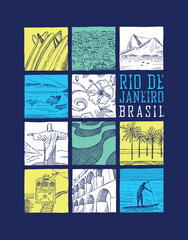 Handmade illustration of elements related to the city of Rio de Janeiro, Brazil, in present times.