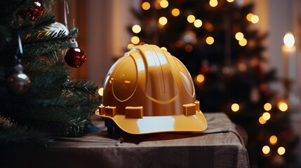 Close-up builder's helmet on a Christmas tree. - obrazy, fototapety, plakaty
