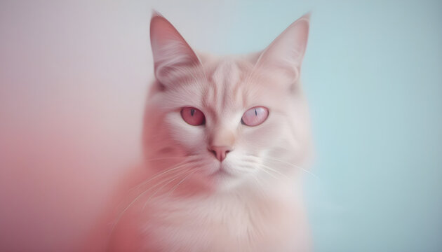 a close up of elegant Cat photoshoot, in the style of analogue filmmaking, negative colors, light blue and light crimson, closeup portrait shot. 