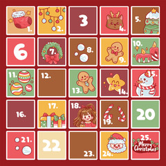 Free vector flat design advent calendar with christmas elements
