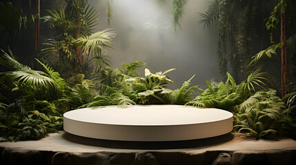 Fototapeta na wymiar white round podium display for product presentation, lush jungle forest in the background
