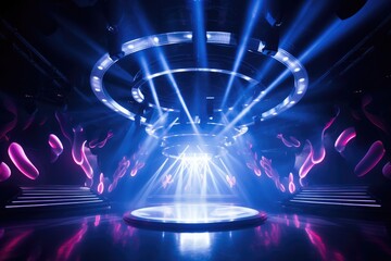 International trendy and cool stage, Fashionable lighting, Dazzling stage, Rotating ceiling lights, Neon.