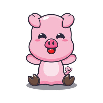 Cute pig sitting cartoon vector illustration. 