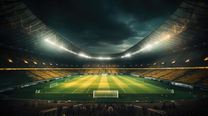 Soccer inside stadium in yellow green theme lights. - obrazy, fototapety, plakaty