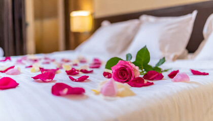 Romantic ambiance: A red rose and its petals scattered on a hotel bed, setting the mood for a passionate evening