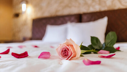 Romantic ambiance: A red rose and its petals scattered on a hotel bed, setting the mood for a passionate evening