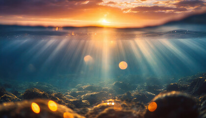 Vivid abstract underwater scene: sunlight piercing through ocean depths, creating a mesmerizing, defocused backdrop