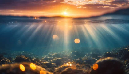 Poster Vivid abstract underwater scene: sunlight piercing through ocean depths, creating a mesmerizing, defocused backdrop © Your Hand Please