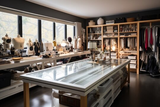 large glass table, mannequins, shelves, and cabinets filled with fabric and sewing supplies