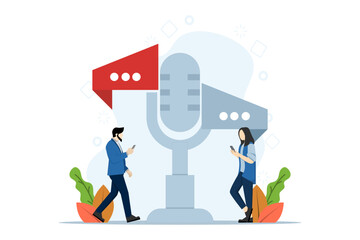Voice message chat concept. people use microphones to record messages. Chat application. Talking Chat Speech Bubble. Modern flat cartoon style. Vector illustration on white background.