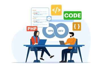 software development and operations programmer practice concept, DevOps methodology, technical support, automation process, software development and operations template vector flat illustration.