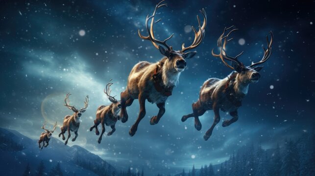 Santa Claus's reindeers are flying in sky over Christmas night city. Winter holiday magic. Seasonal greetings. Shiny sparkles. - Powered by Adobe