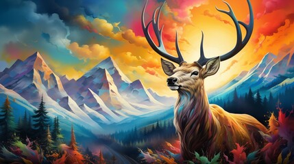 deer in the a lively and colorful portrayal of an animal in a digital art composition - obrazy, fototapety, plakaty