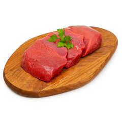 Fresh marbled beef meat, on a wooden board, on a white background, insulating