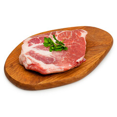 Fresh pork meat, on a wooden board, on a white background, isolate