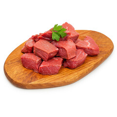 Fresh beef meat in pieces, on a wooden board, on a white background, insulating