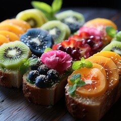 Variety of fruit sandwiches with berries, kiwi and pomegranate.
