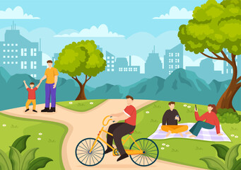 Obraz na płótnie Canvas Outdoor Activity Vector Illustration with Relaxing on a Picnic, Leisure Activities at Weekend and Active Recreation in Flat Cartoon Background Design