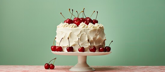 Cherry on top of vintage butter cream cake. - obrazy, fototapety, plakaty