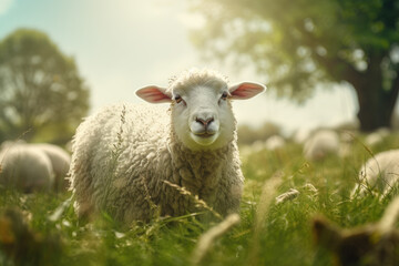 sheep is looking at you from its meadow on farm background.
