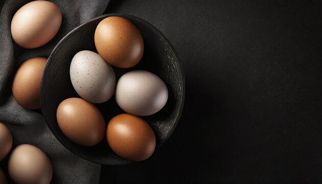 Brown and white eggs in a black colander, black background, gray cloth