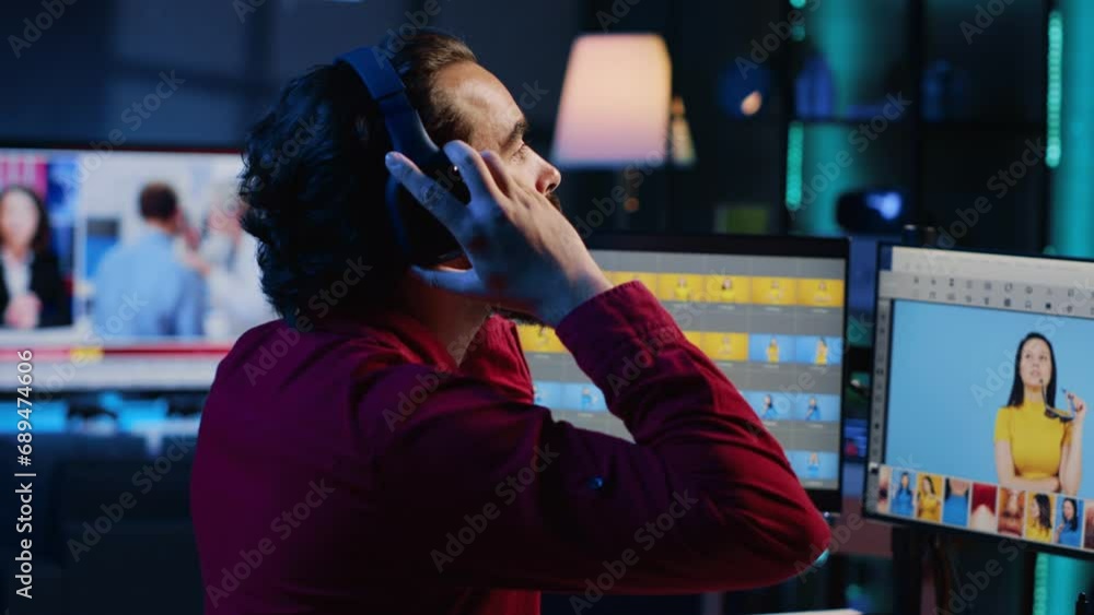Aufkleber freelancer editing professional photographs, working in home studio while enjoying music. photo edit