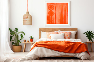 Vivid bohemian bedroom: orange bed, sleek white poster, and a chic bedside lamp, creating a stylish and cozy retreat.





