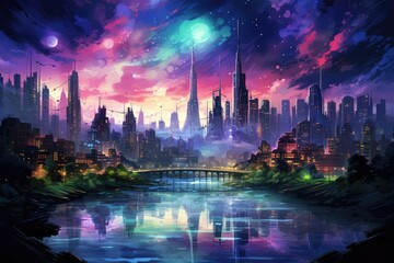 Futuristic city with a river and a bridge at night