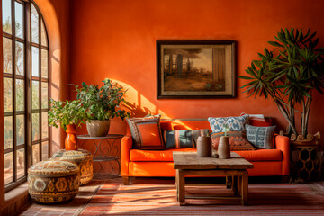 Southwestern living room: Spanish textiles, iron accents, and desert-inspired tonesrust, terracotta, cactus greencreate a stylish, rustic retreat.