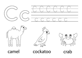 Fototapeta premium Trace uppercase and lowercase letter C. Animal alphabet for kids.