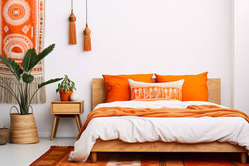 Vivid bohemian bedroom: orange bed, sleek white poster, and a chic bedside lamp, creating a stylish and cozy retreat.





 - obrazy, fototapety, plakaty