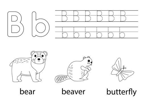 Trace uppercase and lowercase letter B. Animal alphabet for kids.