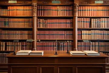 The Library rows full of ancient books. Legal References in a Law Firm - obrazy, fototapety, plakaty