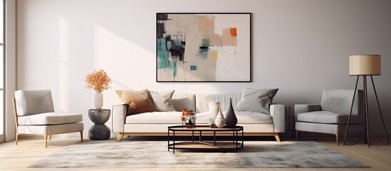 Cozy carpet in modern living room with chic furniture and art on wall.