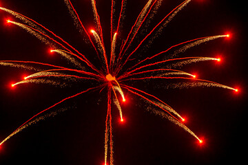 Beautiful red fireworks at night. Selective focus. 