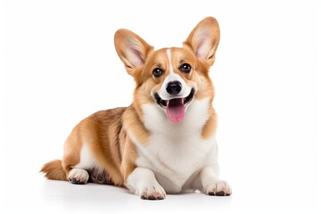 Cute corgi canine. Adorable brown and puppy poses happily in studio expressing playful joy and cheerful friendship on white background isolated