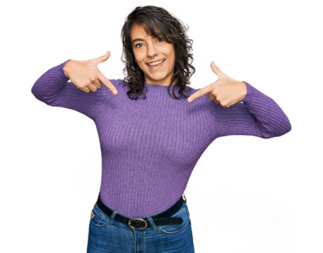 Young hispanic woman wearing casual clothes looking confident with smile on face, pointing oneself with fingers proud and happy.