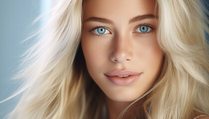 Close up portrait of young woman with long blonde hair and blue eyes. Skin care beauty, skincare cosmetics.