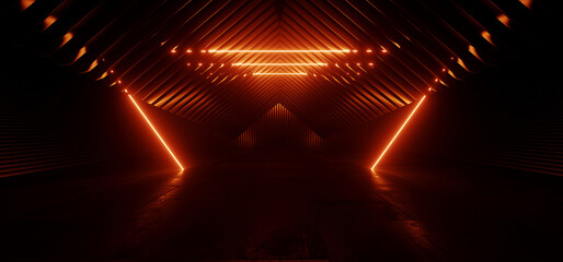 Dark Neon Cyber Glowing Orange Beam Laser Lights Future Garage Parking Corridor Tunnel Hangar Alien Spaceship Showcase Studio Underground 3D Rendering