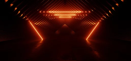 Dark Neon Cyber Glowing Orange Beam Laser Lights Future Garage Parking Corridor Tunnel Hangar Alien Spaceship Showcase Studio Underground 3D Rendering © IM_VISUALS