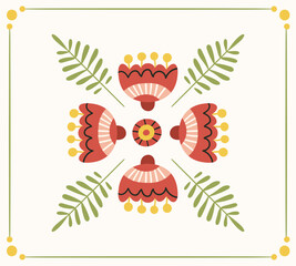 Folk symmetrical ready to use vector print in Scandinavian nordic style, hygge isolated design. Composition with classic ethnic elements. The scandi folk motif - mirror reflected flowers and leaves