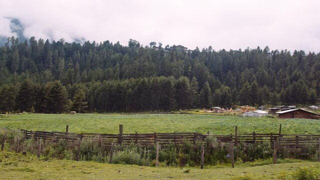 View of scenic landscape in Bhutan, view of the meadows in Phobjikha valley in Bhutan.