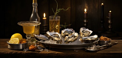 A platter of fresh oysters on ice, accompanied by lemon wedges and mignonette sauce, paired with a glass of champagne. Generative AI.