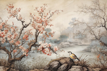 Hand painted wallpaper of an ancient landscape scene