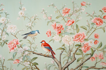 Chinoiserie wallpaper in floral theme, surface material texture