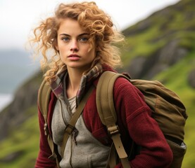 A young woman with curly hair and a backpack enjoying an outdoor adventure in a mountainous terrain. Generative AI.