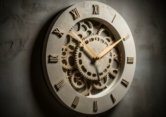 An elegant antique clock with intricate spiral gears mounted on a concrete wall, casting a soft glow. Generative AI.