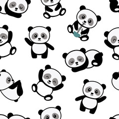 Seamless hand drawn pattern with stylized cute baby pandas in different positions - sleeping, sitting isolated on white background. Endless vector pattern for textiles or fabric for newborns.