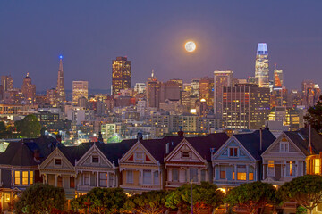 Painted Ladies with Full Moon at Night, San Francisco