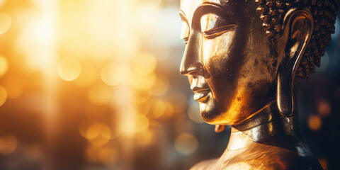 Golden buddha face with smiling face on blurred background with large space for text or copy